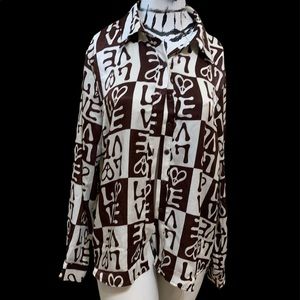 Ladies Button Down Love Letters Casual Hearts Brown White Long Sleeve 90s XL NWT